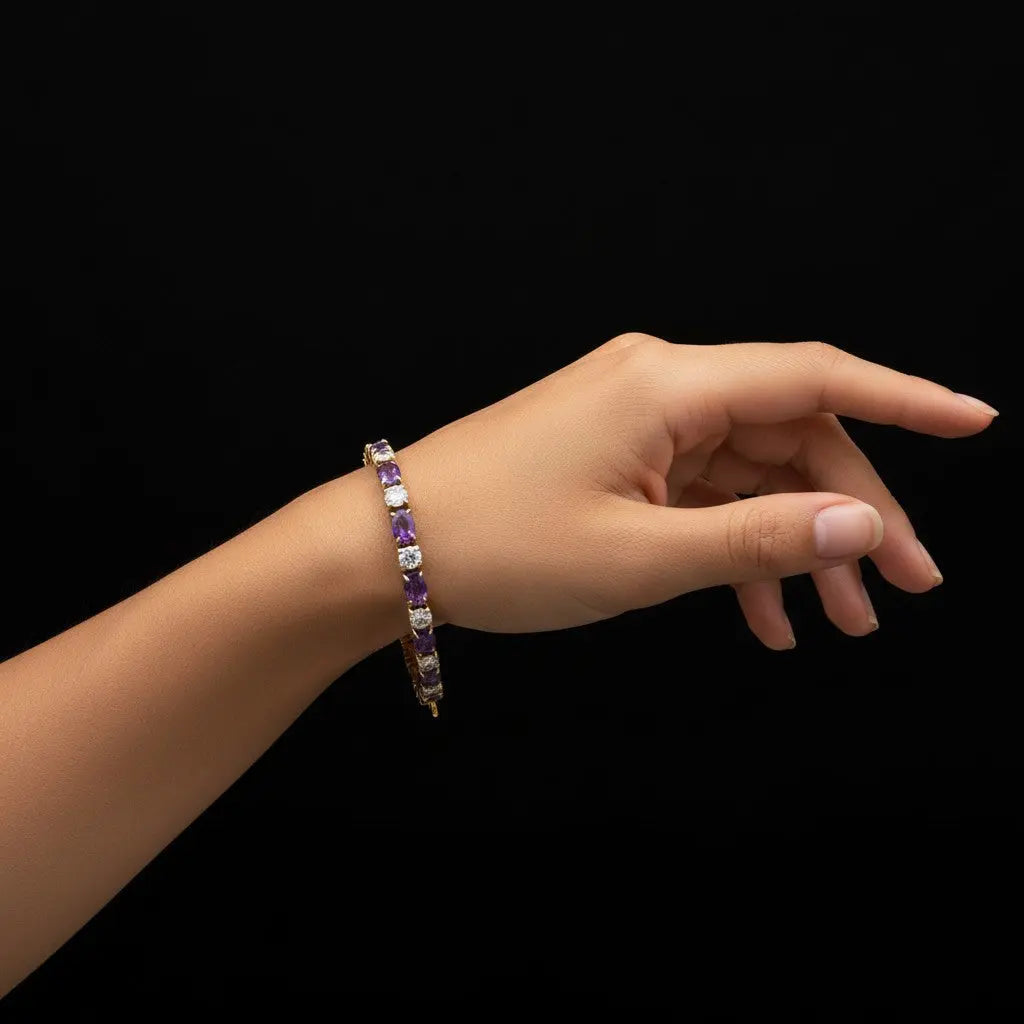 Goudkleurige Tennisarmband met Paarse Zirkonia Stenen