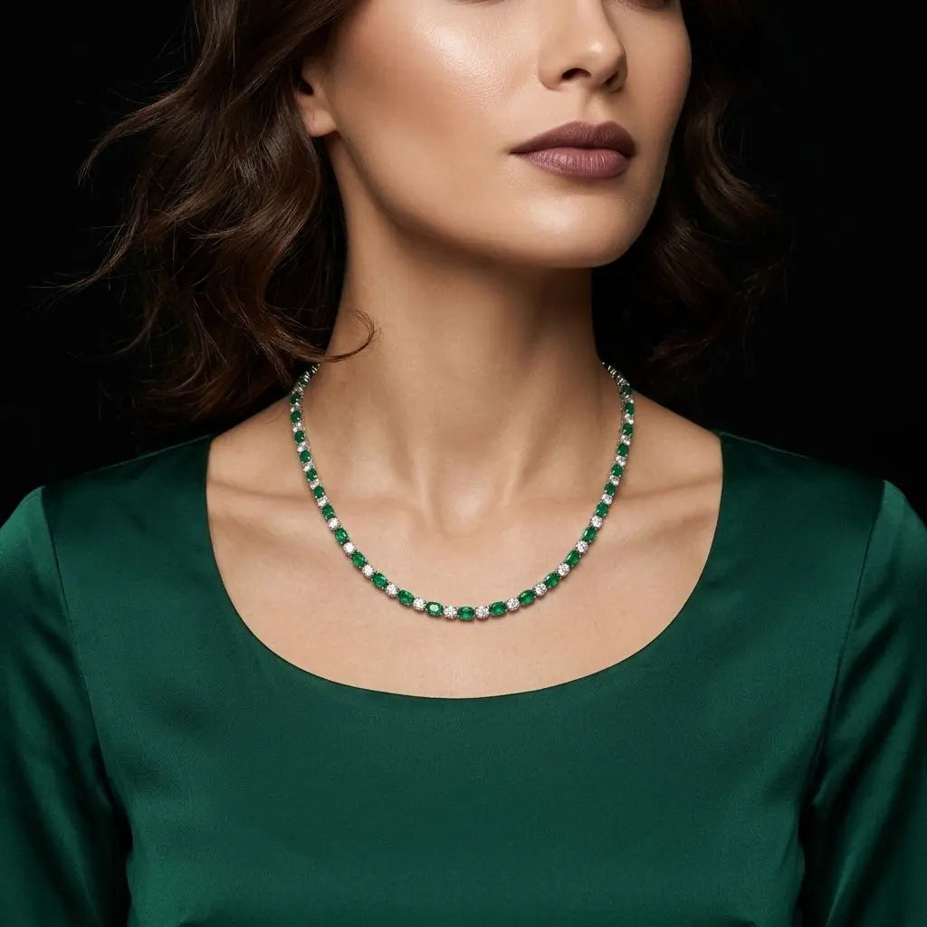 Goudkleurig RVS tenniscollier met ovale groene zirkonia stenen 4 mm