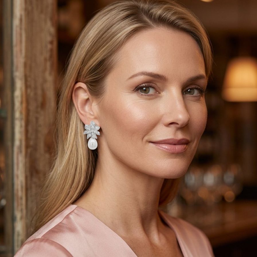 Zilverkleurige Pearl Blossom oorbellen met parels en zirkonia stenen | Victoria Valenza
