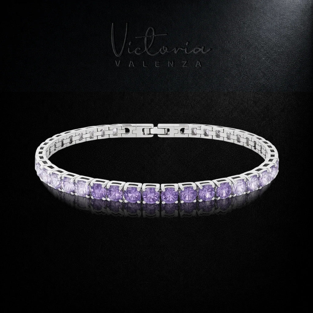 Zilverkleurige RVS Tennisarmband met Paarse en Witte Zirkonia Stenen | Victoria Valenza