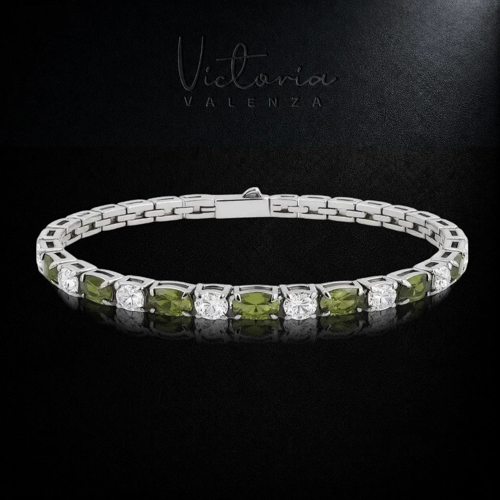 Zilverkleurige RVS Tennisarmband met Olijfgroene en Witte Zirkonia Stenen | Victoria Valenza