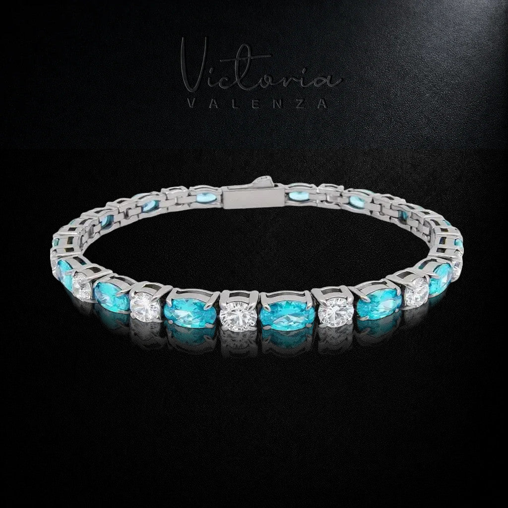 Zilverkleurige RVS Tennisarmband met Blauwe en Witte Zirkonia Stenen | Victoria Valenza