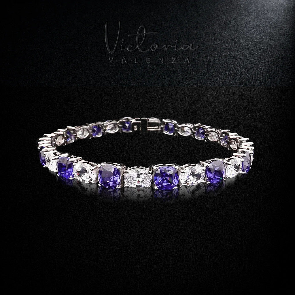 925 Sterling Zilveren Tennisarmband met Cushion Tanzanietkleurige Zirkonia Stenen | Victoria Valenza