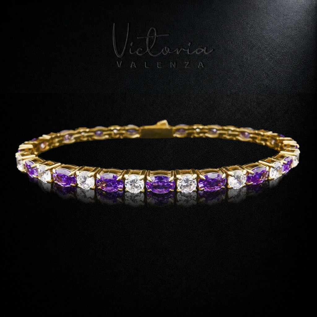 Goudkleurige RVS Tennisarmband met Paarse Zirkonia Stenen | Victoria Valenza