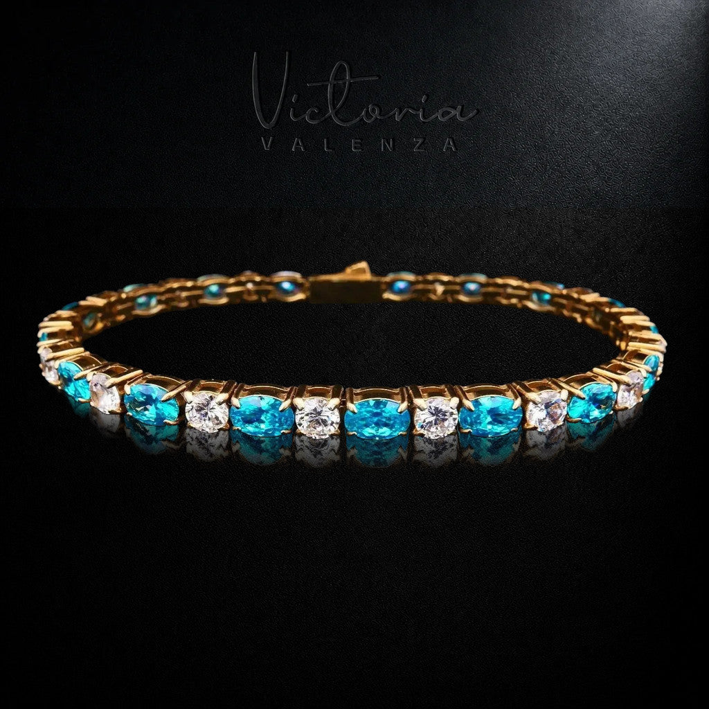 Goudkleurige RVS Tennisarmband met Blauwe Zirkonia Stenen | Victoria Valenza