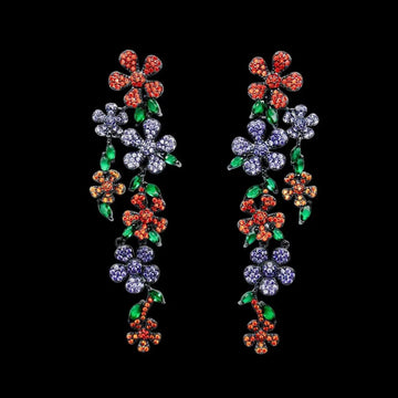 Lange bloem oorbellen met multicolor zirkonia's Victoria Valenza